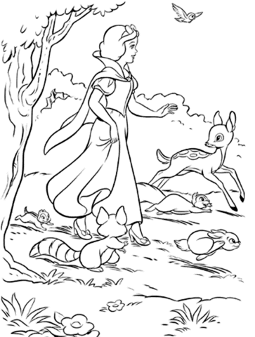 Snow White And Woodland Animals Coloring Page